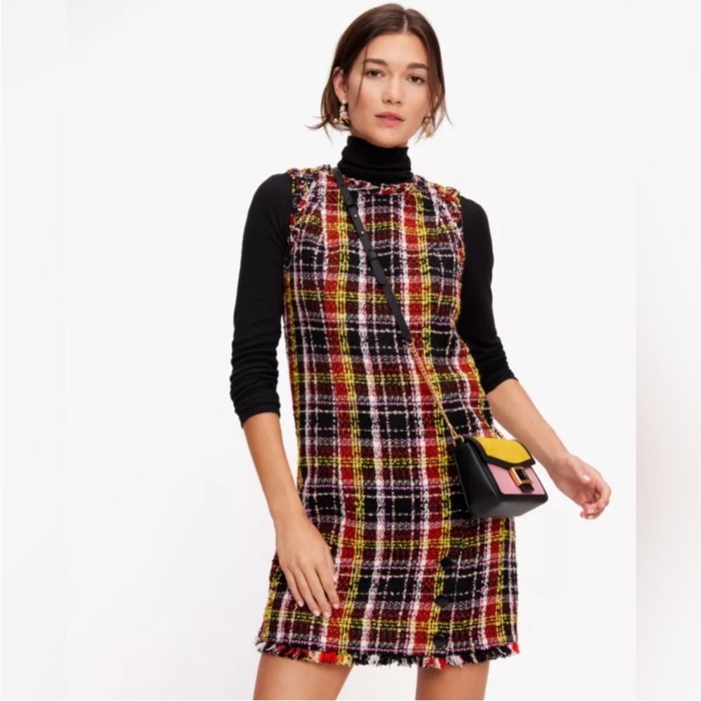 Kate Spade Art Plaid‎ Tweed Dress Multi Women Sz 8 Short Sleeve Mainline KD568